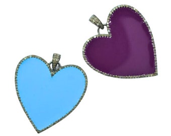 Pave diamond Blue Heart Enamel Pendant, Enamel Heart Necklace,925 Sterling Silver Pendant, diamond Heart Gift Pendant, Valentine Gift Her
