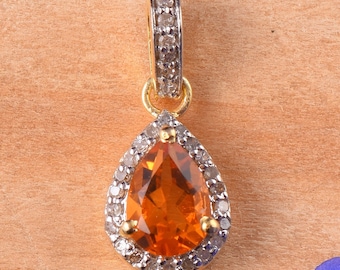 Pear Citrine Pendant, Diamond Halo, Sterling Silver Charm