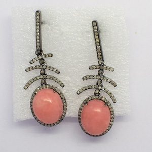 Pink Opal Earrings, Pink Opal Gemstone Earrings, 925 Silver Earrings, Dangle Drop Earrings, Pave Diamond Opal Earrings, Gift For Women