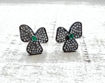 Solitaire Emerald With diamond Flower earrings, Sterling 925 Silver Pave diamond Jewelry, Handmade diamond Floral Jewelry, April Birthstone