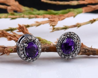 Dainty Amethyst Earrings| Diamond Halo Silver Oval Earrings | Purple Stud Earrings | Art deco Amethyst Jewelry | Bridesmaid Silver Studs