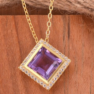 Square Amethyst Halo Necklace: 925 Sterling Silver Pendant