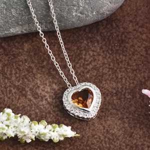 Citrine Halo Heart Pendant Necklace, 925 Sterling Silver Necklace, Citrine Gemstone Necklace, Valentine Day Gift For Love, Handmade Jewelry
