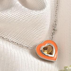 Yellow Citrine Gemstone Pendants Necklace, 925 Sterling Silver Heart Necklace, Citrine Necklace, Enamel Color Filled Necklace, Love Gift Her
