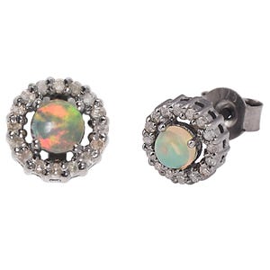 Opal Halo Earrings, 925 Silver Halo Earrings, Opal Diamond Earrings, Opal Jewelry, Diamond Earrings, Birthstone Earrings, Handmade Gift Her