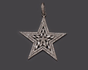 Pave Diamond Baguette Star Pendant, North Star Silver Jewelry, 925 Sterling Silver Jewelry, Star Baguette Pendant Necklace, Minimalist Fine