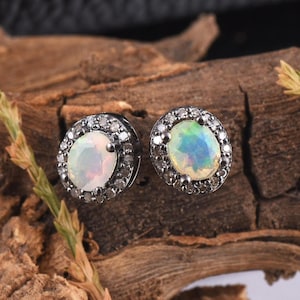 Ethiopian Opal Earrings, Opal Stud Earrings, Halo Earrings, Wedding Earrings, October Birthstone, Bridal Earrings, Handmade Gift For Women