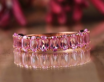 Pink Sapphire Eternity Band Rings, Half Eternity Band, September Birthstone, Oval Cut Light Pink Sapphire Band, Anniversary Gifts for Her.