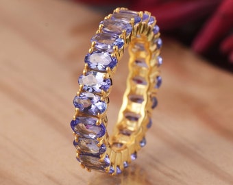 Tanzanite Eternity Wedding Band For Womens, Oval Tanzanite Engagement Band Rings, Tanzanite Bridal Eternity Bands, Anniversary Gifts Fine.