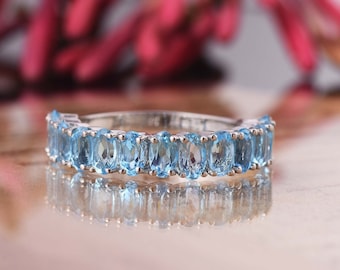 Natural Swiss Blue Topaz Wedding Bands, Blue Topaz Half Eternity Bands, 925 Silver Stacking Bands, Matching Band, Anniversary Gift For Her.