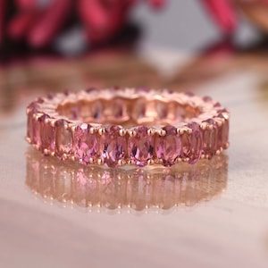 Oval Pink Tourmaline Full Eternity Bands, Birthstone Ring to Womens, 925 Silver Jewelry, Minimalist Silver Band Ring, Birthday Gift Her.