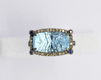 Blue Topaz and Blue Sapphire - Sterling Silver 925 Pave Diamond - Statement Ring - Pave Diamond Ring - Fancy Cut Stone Ring