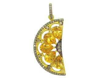 Citrine Orange Slice Pendant, 925 Sterling Silver Diamond Pave Slice Pendant, Gemstone Slice Pendant, Handmade Gemstone Jewelry