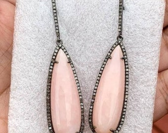 Pink Opal Earrings, Dangle Drop Earrings, 925 Sterling Silver, Halo Drop Earrings, Opal Gemstone Earrings, Diamond Earrings, Gift Earrings