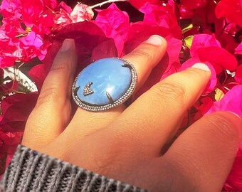Delicate Blue Opal Wedding Rings, 925 Sterling silver Rings, Birthstone Anniversary Ring for Women, Opal Ceremony Gifted Valentine Promise.