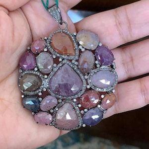 Multi Sapphire Pendants, 925 Sterling Silver Diamond Pendants, Victorian Pave Diamond Jewelry, Multi Gemstone Round Pendant, Gift For Her