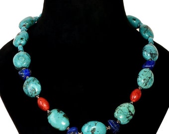 Collier fait main en argent 925 turquoise, lapis lazuli et corail