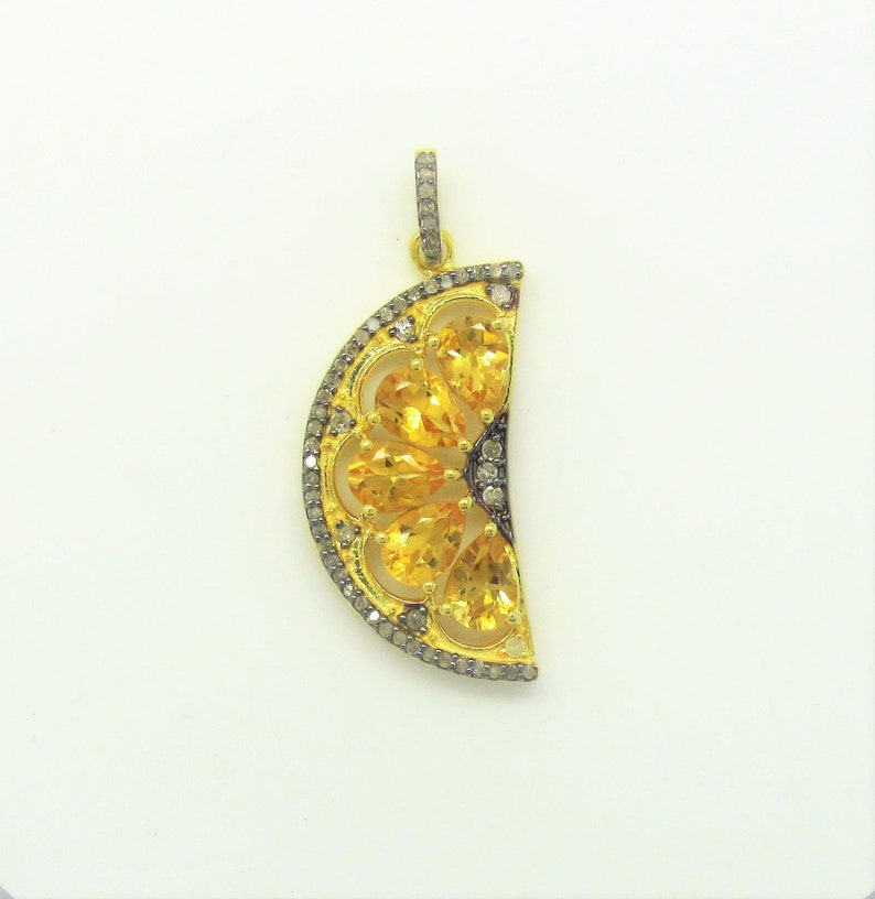 Citrine Orange Slice Pendant, 925 Sterling Silver Diamond Pave Slice Pendant, Gemstone Slice Pendant, Handmade Gemstone Jewelry image 3