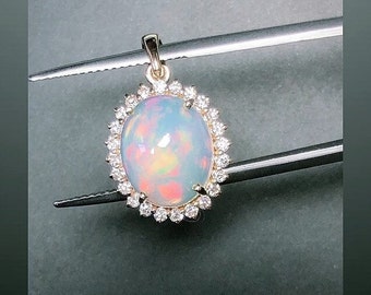 14KT Gold Opal Pendant, Natural Ethiopian Opal Pendant, Diamond Halo Pendant, October Birthstone Jewelry, Gift For Her