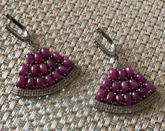 Cabochon Ruby diamond earrings, 925 Sterling Silver Earrings, Gemstone Dangle Drop earrings, Pave diamond Jewelry, Handmade Gift For Her
