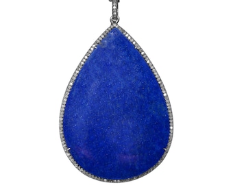 Pear Lapis Lazuli Pendant, 925 Sterling Sliver Handmade Jewelry, Natural Pave Diamond Lapis Lazuli Pendant, Gift For Her