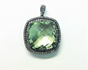 Christmas - Gift Ideas - Green Amethyst - Checker - Cushion - Pave Diamond Pendant - Silver Diamond Jewelry