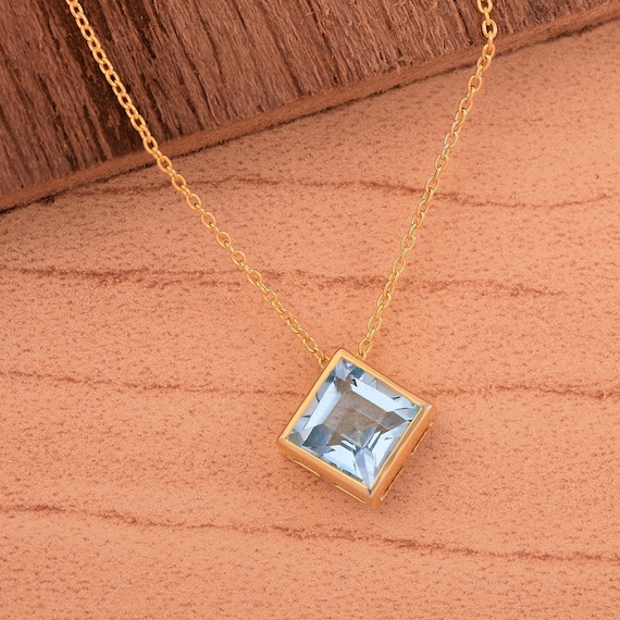 Sterling Silver Blue Topaz Necklace, Square Gemstone Solitaire 