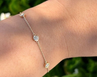 14k Solid Gold Diamond Bracelet, Diamond By the Yard Bracelet, Diamond Bezel Setting Bracelet, Gift For Women, Handmade Gold Jewelry