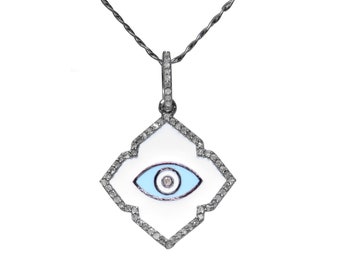 Natural Diamond Evil Eye Enamel Pendant, 925 Silver Evil Eye Chain Necklace, Enamel Charms Pendant, Handmade Fine Jewelry