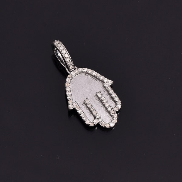 Pave diamond Hamsa Pendant, 925 Silver diamond Hamsa Hand Pendant, Pave Setting Necklace, Good Luck diamond Necklace, Anniversary Gift Her