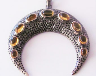 Pave Black Spinnel and Citrine Moon Pendant 925 Sterling Silver