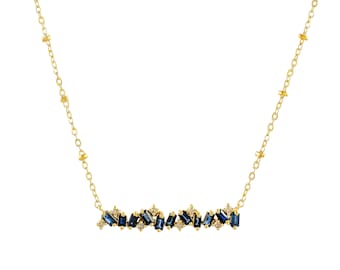 Baguette Blue Sapphire Cluster Bar Necklace, Sapphire & diamond Chain Necklace, 925 Sterling Silver Necklace, Gemstone Cluster Bar Necklace