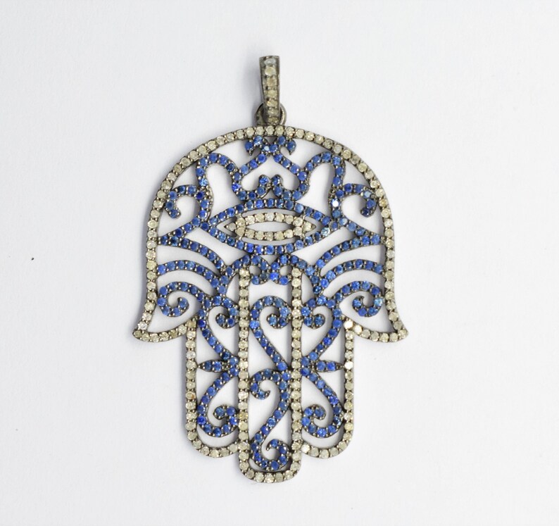 925 Silver Hamsa Hand Pendant Necklace, Blue Sapphire Hamsa Pendant, Good Luck Charms Pendant, Hamsa Evil Eye Pendant, Gemstone Pendant image 2