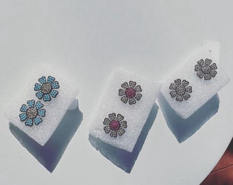 Turquoise Flower Earrings, 925 Sterling Silver, Diamond Flower Earrings, Turquoise Silver Jewelry, Women Stud Earrings, Handmade Gift Her.