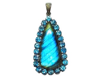 Fire Blue Labradorite Pendant, 925 Silver Labradorite Topaz Pendant, Blue Topaz Pendant, Pave diamond Jewelry, Handmade Fine Jewelry