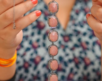 Pink Opal Sterling Silver Necklace, Diamond Bar Drop, June Birthstone