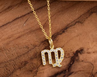 Collar de Virgo con piedras preciosas pavé, delicada joyería de Virgo, colgante de Virgo, collar del zodiaco de Virgo, regalo de Virgo para ella, joyería de astrología del zodiaco 925