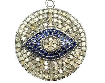 Genuine Pave diamond Pendant, Evil Eye Pendant, diamond Evil Eye Necklace, 925 Sterling Silver Necklace, Blue Sapphire Evil Eye Pendant