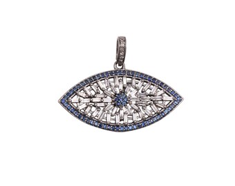 925 Sterling Silver diamond Evil Eye Pendant, Genuine Blue Sapphire Evil Eye Pendant, Silver diamond Pendant Necklace, Gift For Her