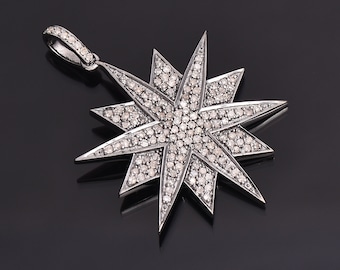 North Star diamond Studded Pendant, Solid 925 Silver Pendant, Gift For Women, diamond Starburst Necklace, Handmade Jewelry