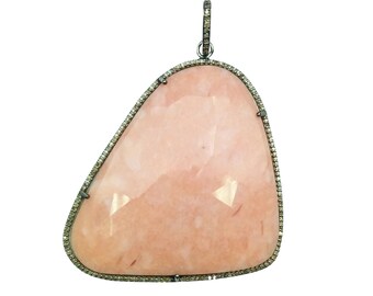 Natural Unshaped Pink Opal pendant, 925 Sterling Silver diamond Pendant, Pink Opal Pendant, Handmade Fine Jewelry