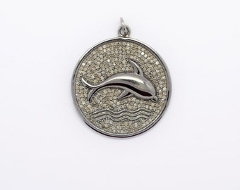 Natural Pave diamond Dolphin Round Charms Pendant, Solid 925 Silver diamond Round Pendant, Dolphin diamond Pendant, Gift For Her