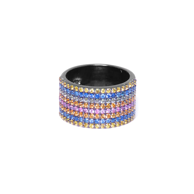 Pave Silver Jewelry Cigar Band Sapphire Ring Multi Sapphire Ring 925 Sterling Silver Pave Multi-Sapphire Cigar Ring