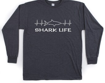 Shark Life Long Sleeve Shark Shirt with Shark Outline and EKG Waves - Super Soft - Charcoal Heather (Unisex/Mens)