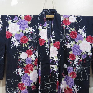 Vintage Japanese cotton yukata dark blue color flower pattern kimono robe nightwear 30MAY22-22