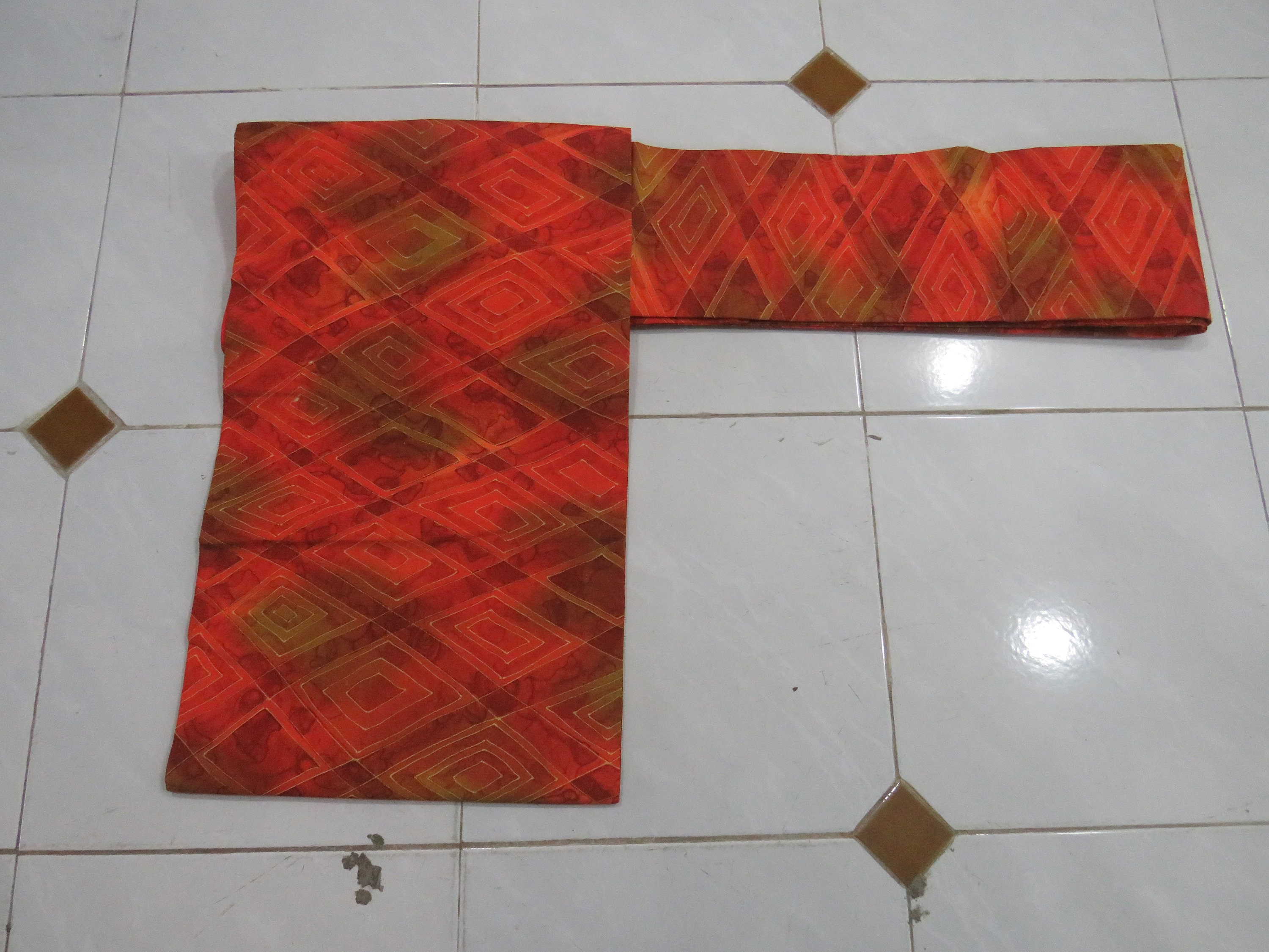 Vintage Brick Dark Orange and Green Silk Nagoya Obi With Vintage Brick Dark Orange and Green Silk Nagoya Obi With