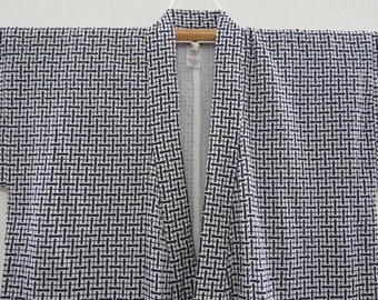Vintage Japanese cotton yukata white and blue color square pattern kimono robe nightwear 04JUNE00-06