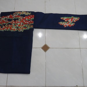 Vintage brick navy blue silk nagoya obi with flower FOB240822-02