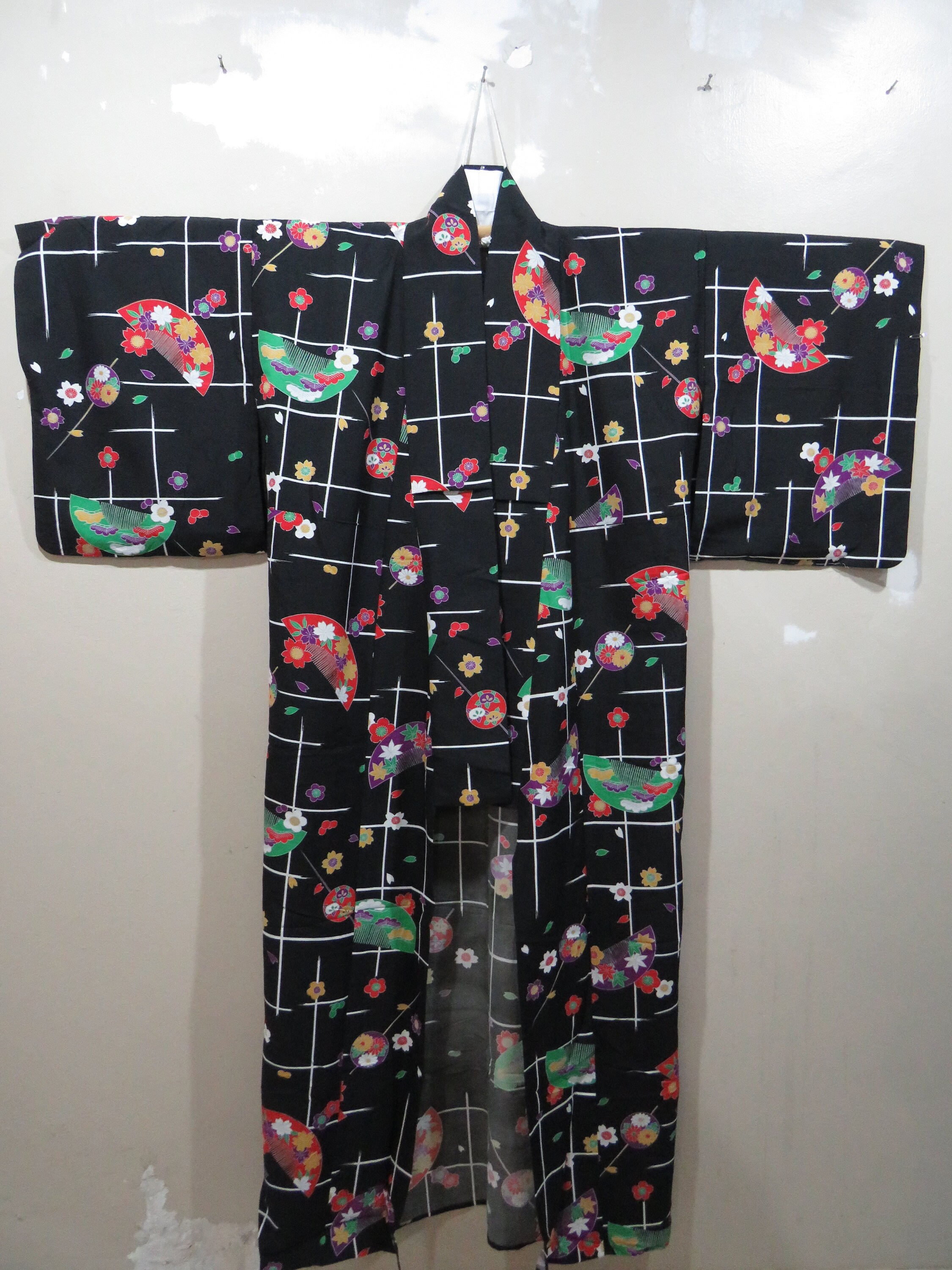 Vintage Japanese Kimono Black Color Flower Pattern Kimono Robe Etsy