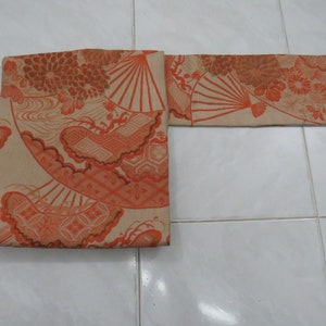 Vintage brick clam shell orange silk nagoya obi with abstract FOB141001-03